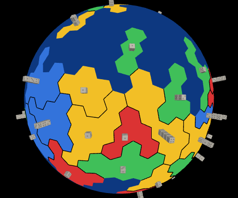 Four AI players battling over hexagonal territories on a slowly rotating planet