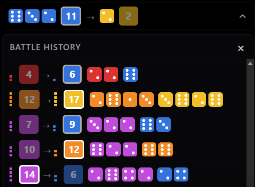 The expandable battle history panel, listing each attack with the individual dice that were rolled